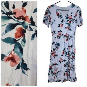 J.Jill Petite XSP Cornflower Blue Floral Ruffle Hem Crepe Fit & Flare Midi Dress